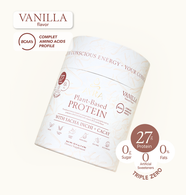 Ayra Plant-Based Protein Powder in Vanilla flavor, made with sacha inchi and cacay, featuring 27g of protein per serving, free from sugar, gluten, soy, and artificial sweeteners.