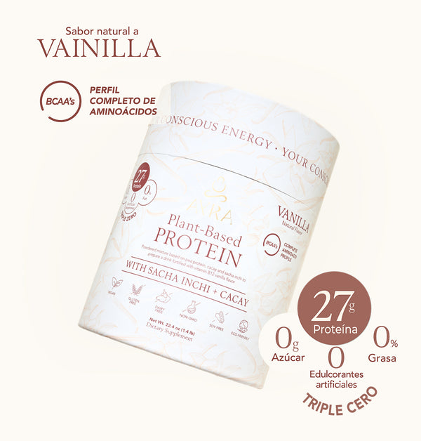 Proteína vegetal de Ayra sabor vainilla, hecha con sacha inchi y cacay, con 27g de proteína por porción, libre de azúcar, gluten, soya y edulcorantes artificiales.