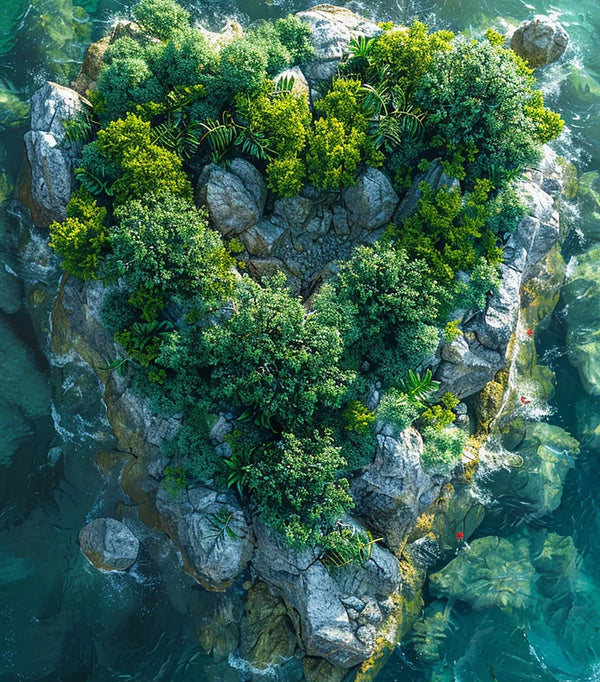 Lush green heart-shaped island surrounded by water, symbolizing Ayra Energy’s dedication to protecting and preserving the planet.